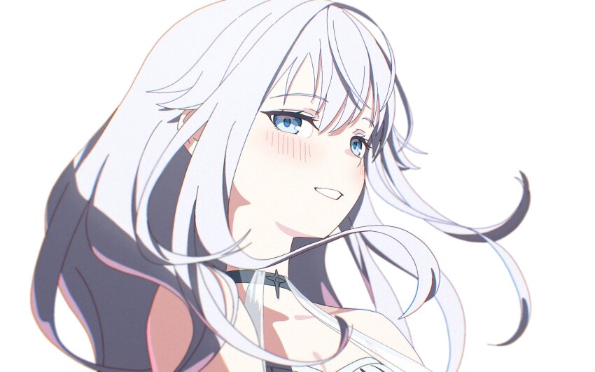 1girl black_choker blue_eyes blush choker codename:_bakery_girl commentary_request highres jefuty_(bakery_girl) kutsusama long_hair looking_at_viewer parted_lips portrait reverse_collapse_(series) simple_background smile solo white_background white_hair