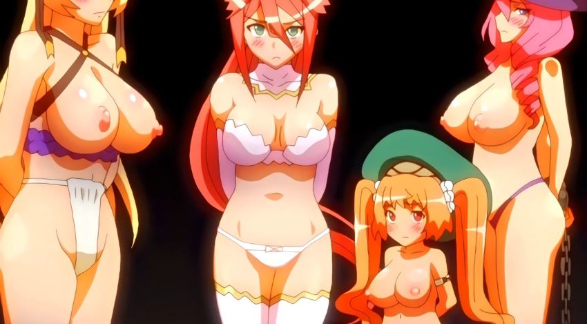 4girls astrid_flamel bare_shoulders blonde_hair blue_eyes blush bra breasts chain cleavage collarbone detached_sleeves drill_hair fundoshi green_eyes hair_between_eyes hat huge_breasts iris_arcadia japanese_clothes kohaku_(kuroinu) kuroinu_2 kuroinu_~kedakaki_seijo_wa_hakudaku_ni_somaru~ large_breasts long_hair looking_at_viewer mel_mel monster_girl multiple_girls navel nipples no_pants orange_hair panties pink_hair ponytail purple_eyes purple_panties red_hair screencap shiny_skin shortstack size_difference standing stomach tail thighhighs thighs twintails underwear white_bra white_legwear white_panties witch_hat