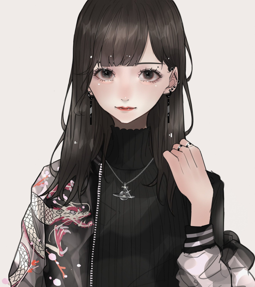 1girl barbell_piercing black_hair black_jacket black_sweater closed_mouth dragon_print earrings eyelashes grey_background grey_eyes highres jacket jacket_partially_removed jewelry lipstick long_hair long_sleeves makeup mano_aaa mole mole_above_eye multiple_rings original piercing planet_necklace print_jacket red_lips ring simple_background solo sweater turtleneck turtleneck_sweater upper_body zipper