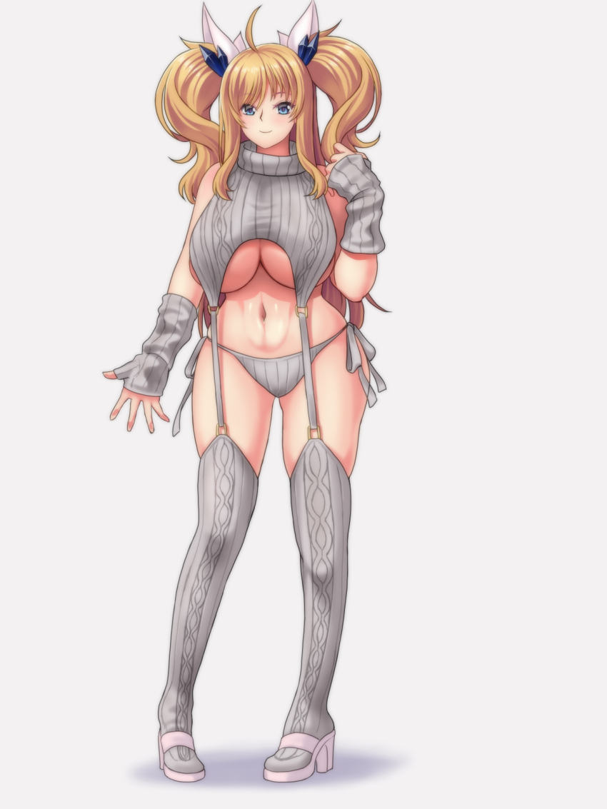 1girl blonde_hair breasts curvy full_body huge_breasts oguma_shiro onizaki_kirara shiny_skin smile solo taimanin_(series) taimanin_rpgx thong two_side_up wide_hips