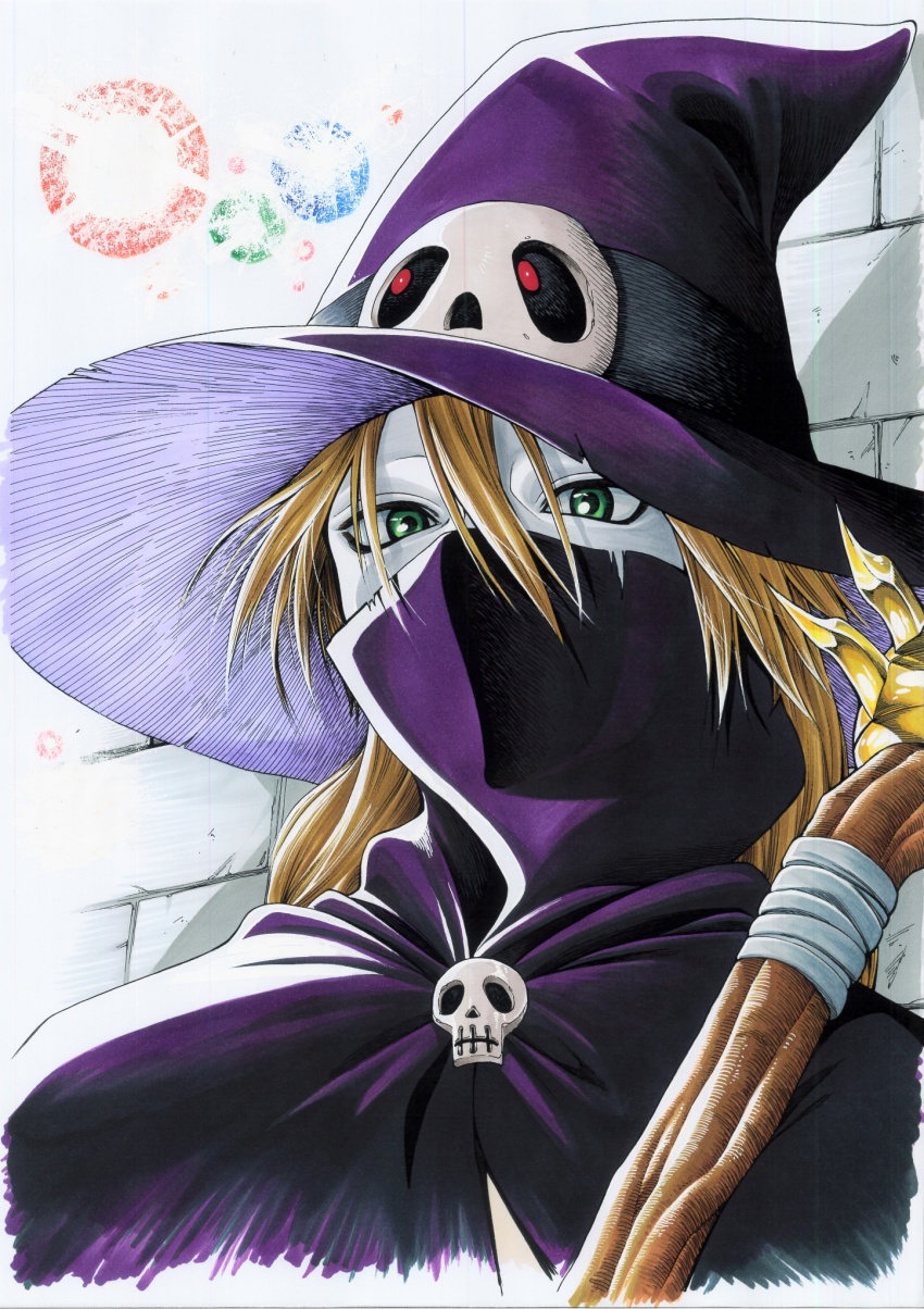 1boy blonde_hair blue_skin colored_skin covered_mouth digimon digimon_(creature) green_eyes hat highres long_hair male_focus miura_satoru solo staff upper_body wizard wizard_hat wizarmon