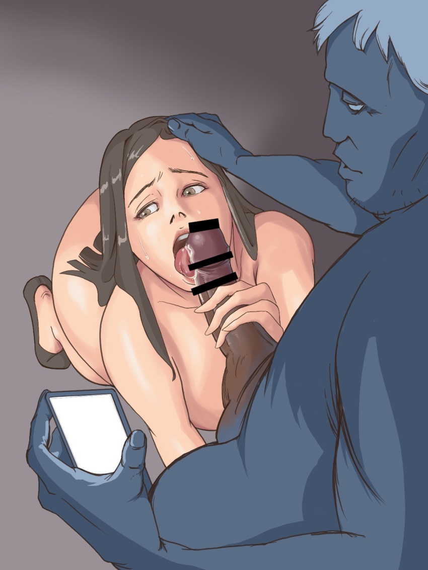1boy 1girl breasts brown_eyes brown_hair censored cum cum_in_mouth fellatio grabbing_another&#039;s_hair hetero large_breasts licking licking_penis looking_at_another mature_female milfamin_lab nude open_mouth oral original penis plump recording saliva sweat tongue tongue_out