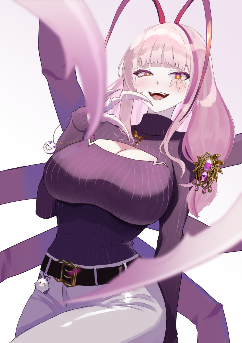 1girl absurdres antenna_hair arthropod_girl arthropod_limbs belt black_belt breasts cleavage cleavage_cutout clothing_cutout cockroach_girl highres large_breasts looking_at_viewer matara_kan matara_kan_(casual) miei monster_girl multicolored_hair open_mouth pants pink_hair purple_shirt red_eyes shirt smile solo streaked_hair turtleneck turtleneck_shirt virtual_youtuber vshojo white_pants