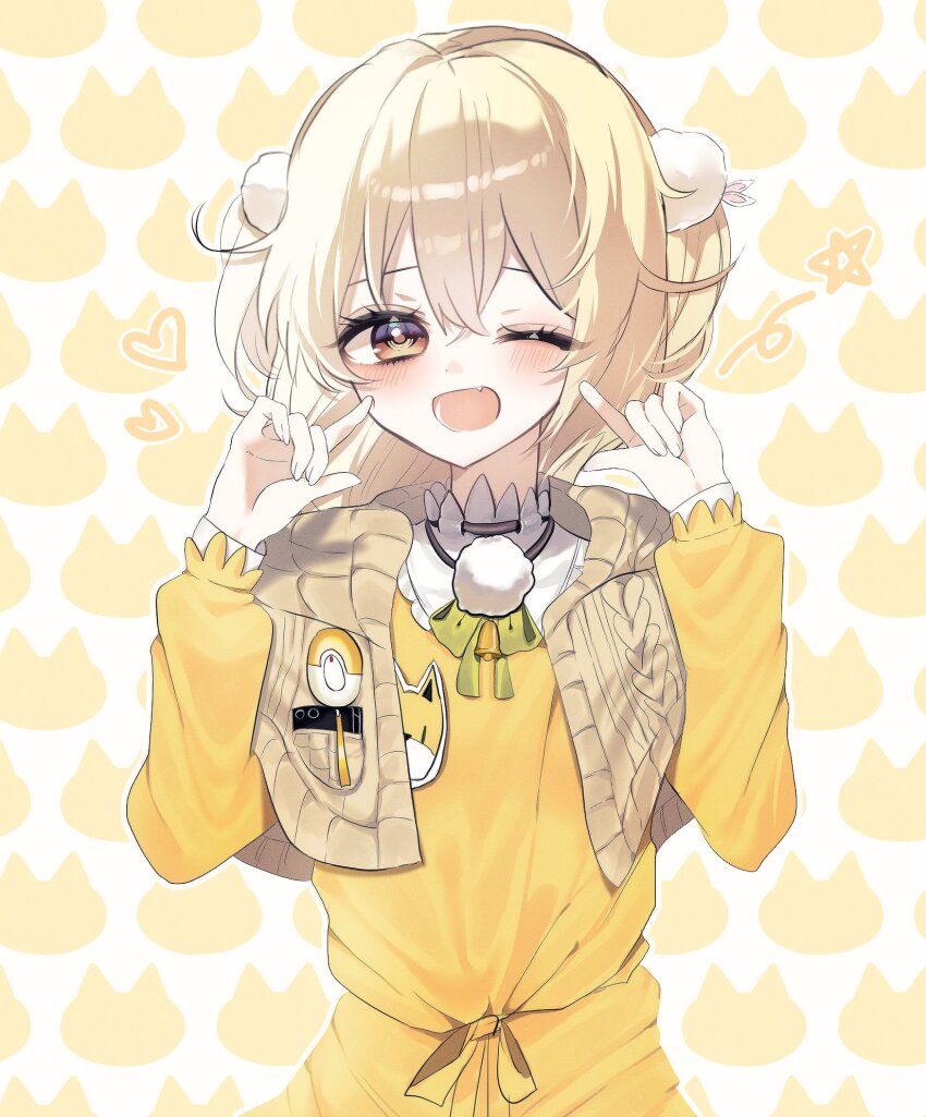 1girl blonde_hair blush cinnamongs2 commentary dress goddess_of_victory:_nikke hair_between_eyes hands_up heart highres liter_(cute_sunflower)_(nikke) liter_(nikke) long_sleeves one_eye_closed open_mouth orange_eyes smile solo sweater yellow_dress