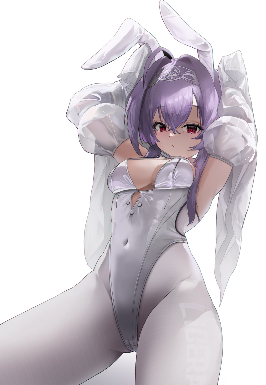 1girl absurdres ahoge animal_ears blabbit breasts cameltoe character_name cleavage covered_erect_nipples detached_sleeves fang goddess_of_victory:_nikke hair_between_eyes hairband highres leotard liberalio_(nikke) looking_at_viewer pantyhose purple_hair rabbit_ears rabbit_pose red_eyes short_hair_with_long_locks skin_fang small_breasts solo standing white_background white_hairband white_leotard white_pantyhose white_sleeves