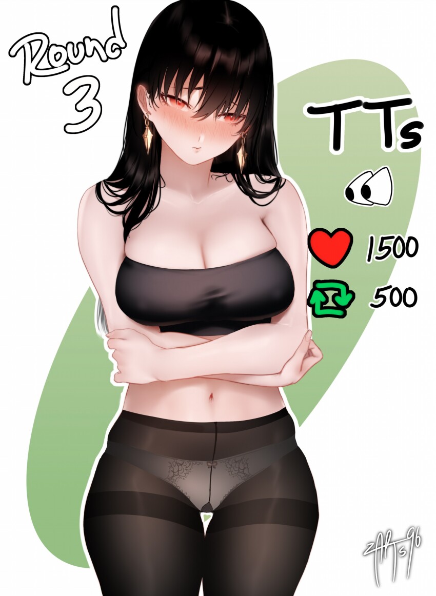 1girl :s absurdres alternate_hairstyle averting_eyes bare_shoulders black_hair black_panties black_pantyhose black_sports_bra blush breasts bulging_eyes cleavage closed_mouth collarbone cowboy_shot crossed_arms crotch_seam earrings eye_pop green_background hair_down highres jewelry large_breasts large_variant_set like_and_retweet long_hair looking_to_the_side navel nose_blush panties panties_under_pantyhose pantyhose red_eyes revision signature skindentation solo sports_bra spy_x_family thigh_gap thighband_pantyhose twitter_strip_game two-tone_background underwear variant_set white_background yor_briar zasshu