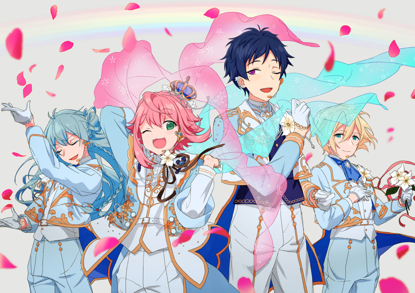 4boys bishounen cowboy_shot ensemble_stars! falling_petals fine_(ensemble_stars!) fushimi_yuzuru gloves grey_background hibiki_wataru highres himemiya_tori idol_clothes jacket male_focus matching_outfits multiple_boys pants petals pink_petals rainbow standing tenshouin_eichi white_gloves ydkw