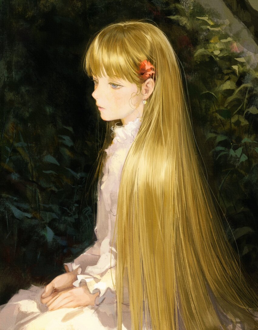 1girl blonde_hair blue_eyes closed_mouth commentary dress earrings expressionless flower frilled_sleeves frills from_side hair_flower hair_ornament highres jewelry long_hair long_sleeves looking_ahead original outdoors plant seapall sitting solo very_long_hair white_dress