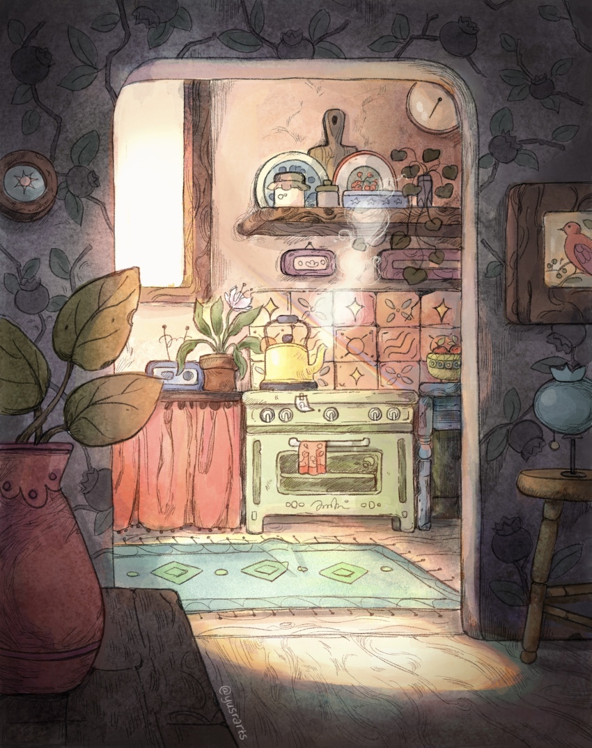 absurdres apple bowl clock commentary cup day door english_commentary flower food fruit highres indoors jar kitchen lamp leaf no_humans original oven painting_(object) picture_frame plant plate potted_plant scenery shelf sunlight table tile_wall tiles window wooden_floor yusra
