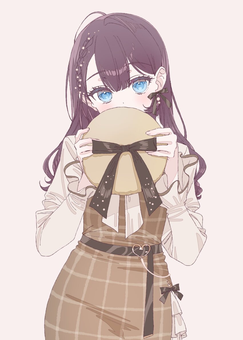 1girl a20_(atsumaru) blue_eyes braid brown_hair comiket_105 covering_face earrings highres jewelry long_hair long_sleeves original plaid_clothes ribbon simple_background single_braid single_earring tagme