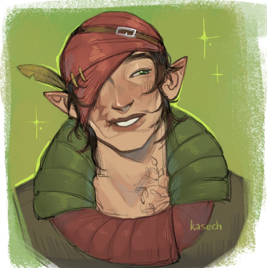 1boy artist_name brown_bandana brown_hair elf green_eyes grin highres iorveth male_focus nimvaell one_eye_covered pointy_ears portrait smile solo sparkle the_witcher_(series) the_witcher_2