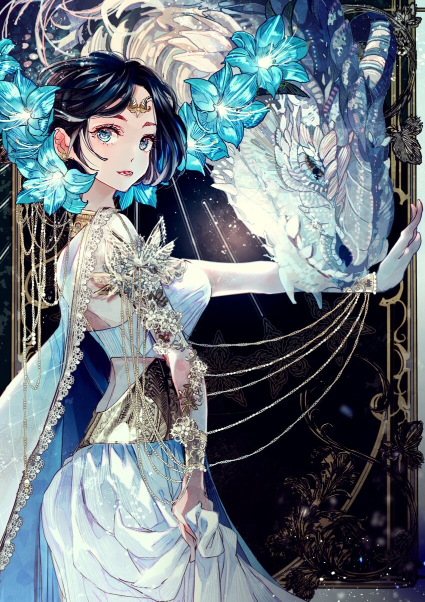 1girl :d armlet back_cutout black_hair blue_cape blue_flower bracer butterfly_ornament cape chain circlet clothing_cutout cowboy_shot dragon dress earrings flower flower_ornament from_side hair_flower hair_ornament highres jewelry lace-trimmed_cape lace_trim looking_at_viewer looking_to_the_side mamakirasnc necklace open_mouth original outstretched_arms parted_bangs picture_frame short_hair skirt_hold smile solo standing strapless strapless_dress two-sided_cape two-sided_fabric white_cape white_dress