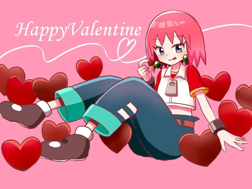 1girl :q beauty_(bobobo-bo_bo-bobo) blue_eyes bobobo-bo_bo-bobo earrings full_body happy_valentine heart highres jewelry looking_at_viewer midriff navel pink_hair short_hair smile solo takana_bb tongue tongue_out zipper_pull_tab