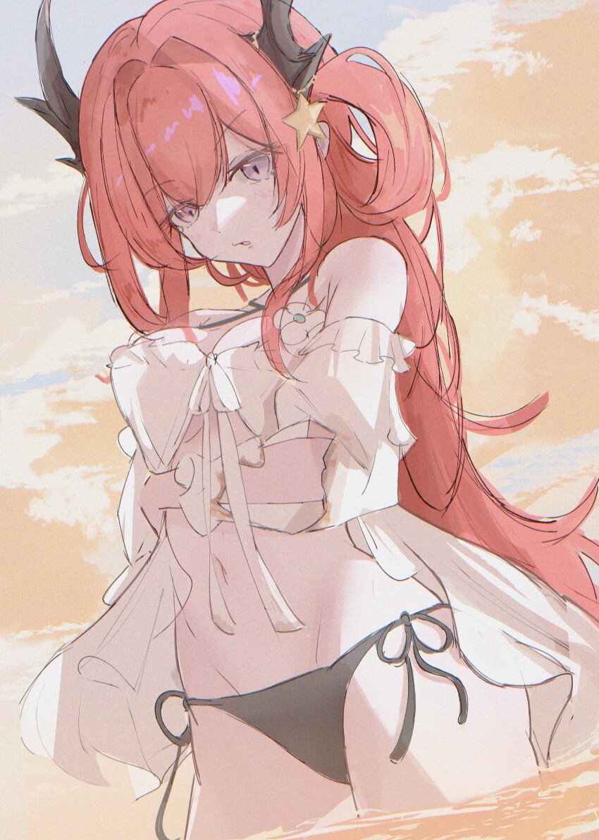 1girl absurdres arknights bikini black_bikini black_horns breasts commentary cowboy_shot day hair_between_eyes hair_ornament highres horns long_hair medium_breasts mufetojiiba_(magallan) navel outdoors purple_eyes red_hair side-tie sketch solo standing star_(symbol) star_hair_ornament surtr_(arknights) surtr_(colorful_wonderland)_(arknights) swimsuit swimsuit_cover-up wading water