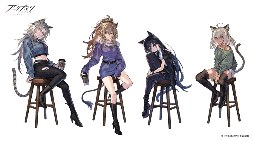 4girls alternate_costume animal_ear_fluff animal_ears arknights belt black_boots black_hair black_jacket black_necktie black_skirt blonde_hair boots copyright_name crop_top cropped_jacket cup dagda_(arknights) disposable_coffee_cup disposable_cup dress_shirt ear_piercing green_sweater grey_hair high_heel_boots high_heels highres holding holding_cup indra_(arknights) jacket leopard_ears leopard_girl leopard_tail lion_ears lion_girl mephisto_(angraecum) morgan_(arknights) multiple_girls neck necktie off-shoulder_sweater off_shoulder official_art open_clothes open_jacket pants pantyhose piercing pleated_skirt shirt shorts siege_(arknights) silk sitting skirt spider_web stool striped_hair sweater tail tiger_ears tiger_girl tiger_tail white_shorts yellow_eyes