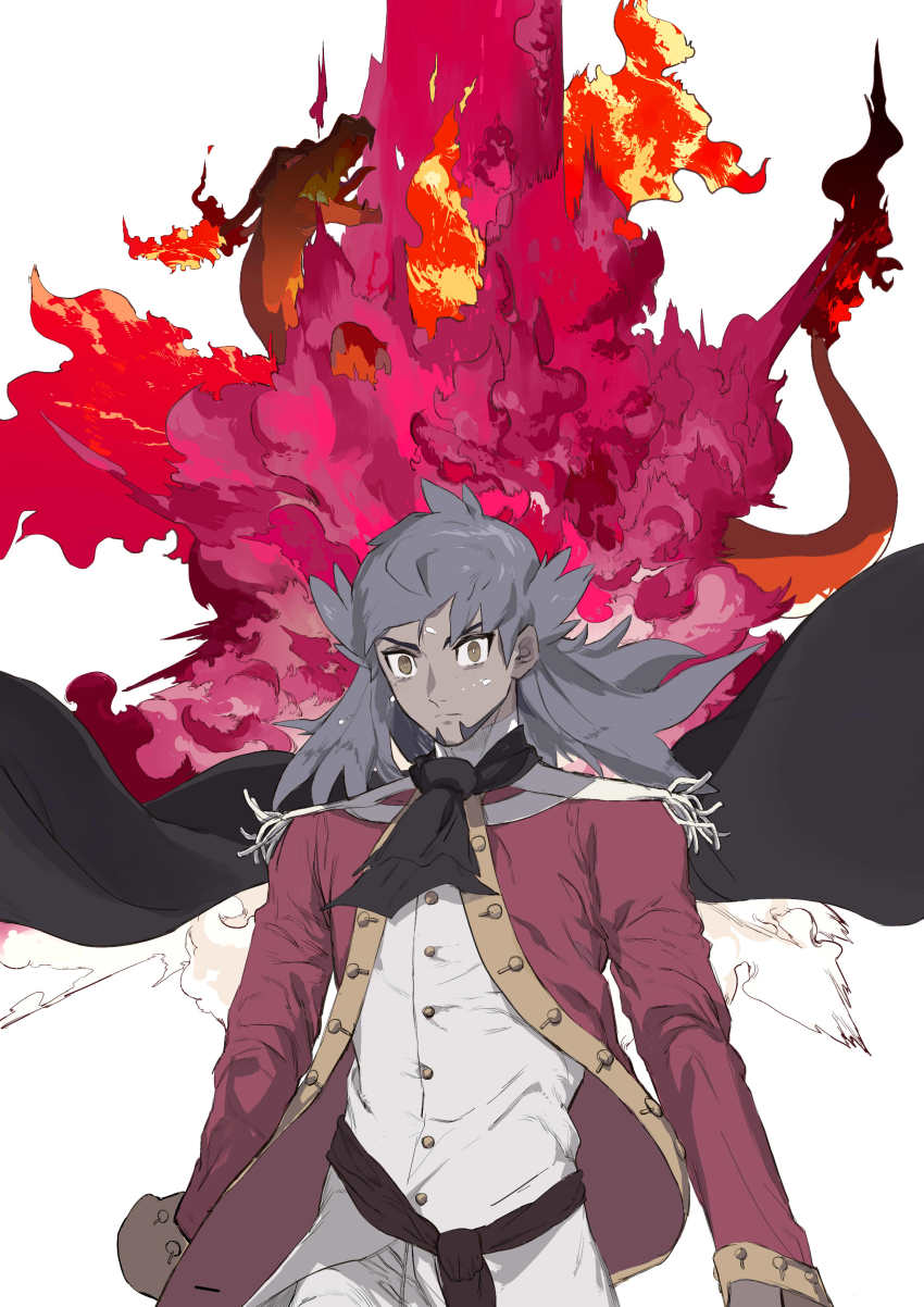 1boy absurdres ascot black_ascot buttons charizard closed_mouth commentary_request dark-skinned_male dark_skin facial_hair fire frown gen_1_pokemon gigantamax gigantamax_charizard highres hiro_(user_negm3832) jacket leon_(pokemon) long_hair male_focus nintendo pants pokemon pokemon_(creature) pokemon_swsh red_jacket shirt white_pants white_shirt