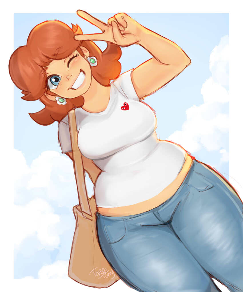 1girl absurdres arm_behind_back artist_name bag belly blue_eyes blue_pants border breasts brown_bag brown_hair casual denim earrings eyelashes flipped_hair flower_earrings freckles grin hand_up heart heart_print highres jeans jewelry large_breasts lips looking_at_viewer mario_(series) medium_hair midriff_peek nintendo nostrils one_eye_closed pants pocket princess_daisy print_shirt shirt short_sleeves shoulder_bag smile solo super_mario_land t-shirt thick_eyebrows thighs topsieturvy v white_border white_shirt