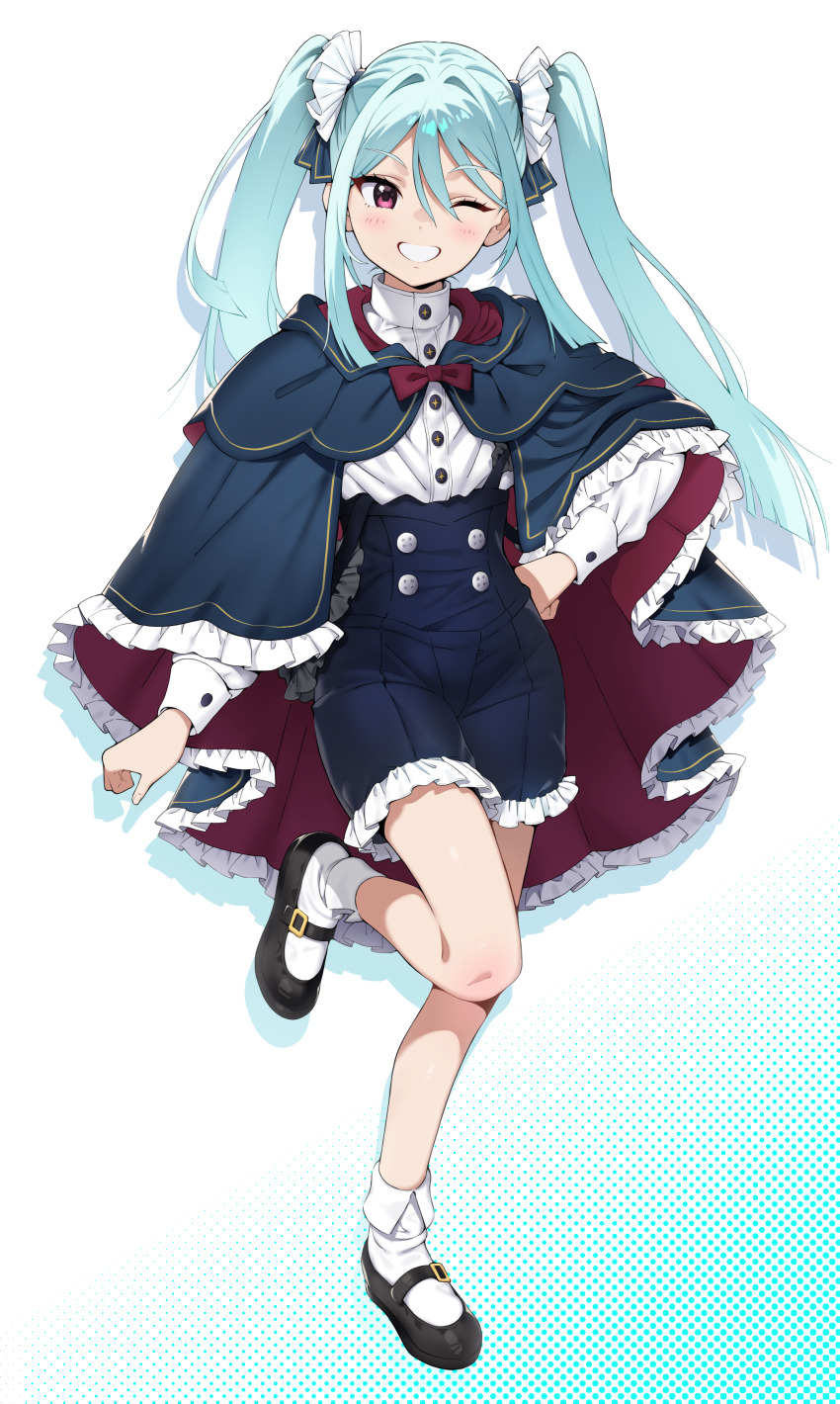 1girl ;d absurdres arm_at_side black_shoes blue_background blue_cloak blue_hair blunt_ends blunt_sidelocks borrowed_character bow bowtie cloak colored_shadow commission double-parted_bangs drop_shadow flat_chest fold-over_socks full_body gradient_background grin hair_between_eyes hand_on_own_hip happy high-waist_shorts highres long_hair long_sleeves mary_janes one_eye_closed open_mouth original red_bow red_bowtie red_eyes second-party_source shadow shirt shirt_tucked_in shoes shorts sidelocks skeb_commission smile socks solo standing standing_on_one_leg tobimachi twintails v-shaped_eyebrows white_background white_shirt white_socks