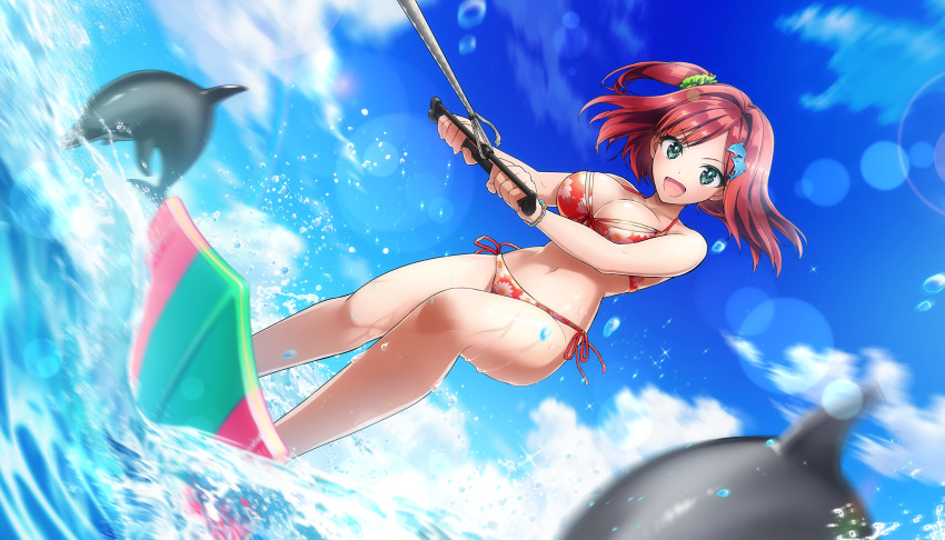1girl :d bare_arms bare_legs bikini blue_sky bracelet breasts cleavage cloud day dolphin dolphin_hair_ornament dolphin_wave floating_hair floral_print front-tie_bikini_top front-tie_top game_cg green_eyes green_scrunchie hair_intakes hair_ornament hair_scrunchie highres jewelry large_breasts lens_flare long_hair navel non-web_source ocean official_art ootomo_takuji open_mouth outdoors print_bikini red_bikini red_hair red_ribbon ribbon sakimiya_iruka scrunchie side-tie_bikini_bottom side_ponytail sky smile solo standing swimsuit water