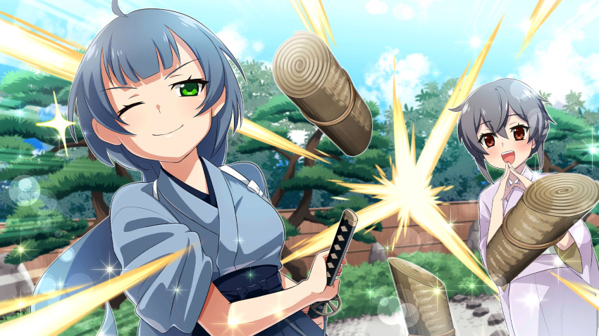2girls :d ;) black_hakama blue_hair blurry brown_hair closed_mouth cowboy_shot day depth_of_field dutch_angle emphasis_lines fence game_cg green_eyes grey_hair grey_kimono hakama highres higurashi_no_naku_koro_ni higurashi_no_naku_koro_ni_mei holding holding_sword holding_weapon japanese_clothes katana kimiyoshi_kazuho kimono kurosawa_chisame lens_flare long_hair looking_at_another multiple_girls non-web_source official_art one_eye_closed open_mouth outdoors own_hands_together rock sheathed_cut short_hair short_sleeves smile sparkle standing sword teeth tree upper_teeth_only weapon white_kimono wide_sleeves wooden_fence