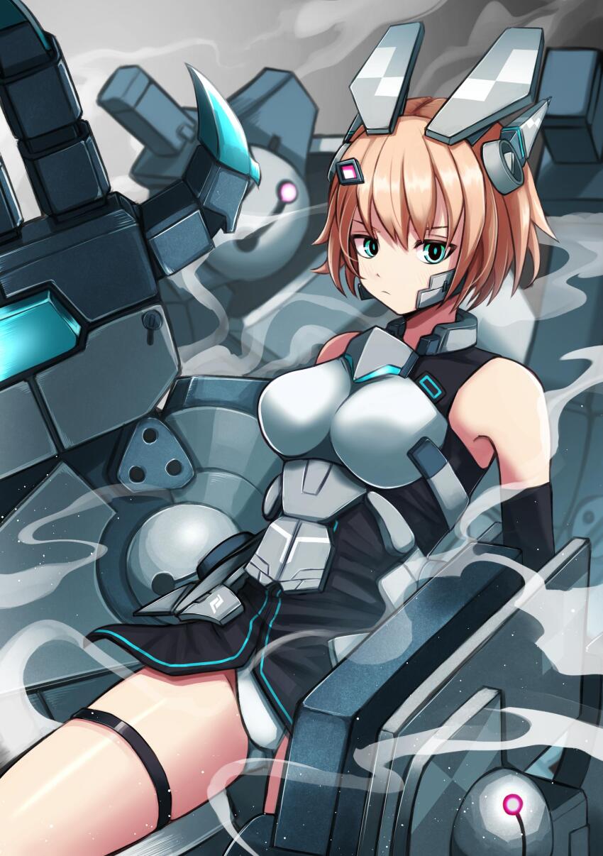 1girl absurdres aqua_eyes arm_at_side bare_legs bare_shoulders black_dress blue_trim breasts closed_mouth commentary commission cosmic_break cowboy_shot dress english_commentary english_text grey_background hand_up highres leotard light_particles looking_at_viewer mecha_musume mechanical_arms medium_breasts nankou_(koutanan) orange_hair oversized_limbs panties second-party_source serious short_dress short_hair silva_(cosmic_break) skeb_commission sleeveless sleeveless_dress smoke solo thigh_strap thighs underwear white_panties