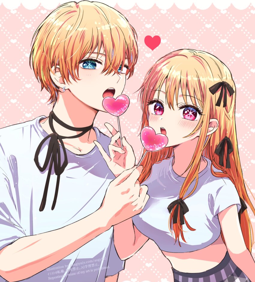 1boy 1girl absurdres asgykk black_choker black_ribbon black_skirt blonde_hair blue_eyes blush breasts brother_and_sister candy choker crop_top earrings food hair_between_eyes hair_ornament hair_ribbon heart heart-shaped_food heart-shaped_lollipop highres holding holding_candy holding_food holding_lollipop hoshino_aquamarine hoshino_ruby jewelry lollipop long_hair looking_at_viewer medium_breasts midriff open_mouth oshi_no_ko pink_eyes ribbon shaped_lollipop shirt short_hair siblings skirt star-shaped_pupils star_(symbol) symbol-shaped_pupils twins white_shirt