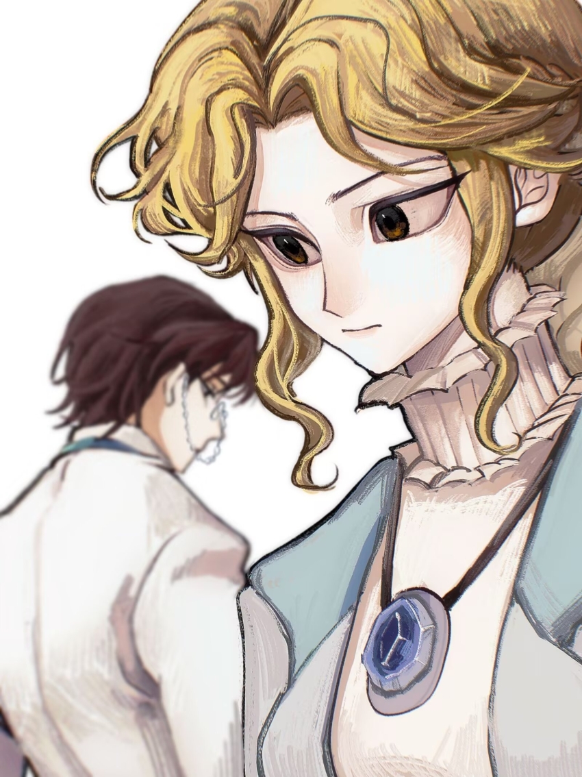 1boy 1girl alice_deross beijingban18388 black_eyes blonde_hair blurry blurry_foreground brown_hair chinese_commentary commentary_request curtained_hair highres identity_v jacket jewelry monocle monocle_chain necklace open_clothes open_jacket orpheus_(identity_v) parted_bangs shirt short_hair simple_background variant_set wavy_hair white_background white_jacket white_shirt
