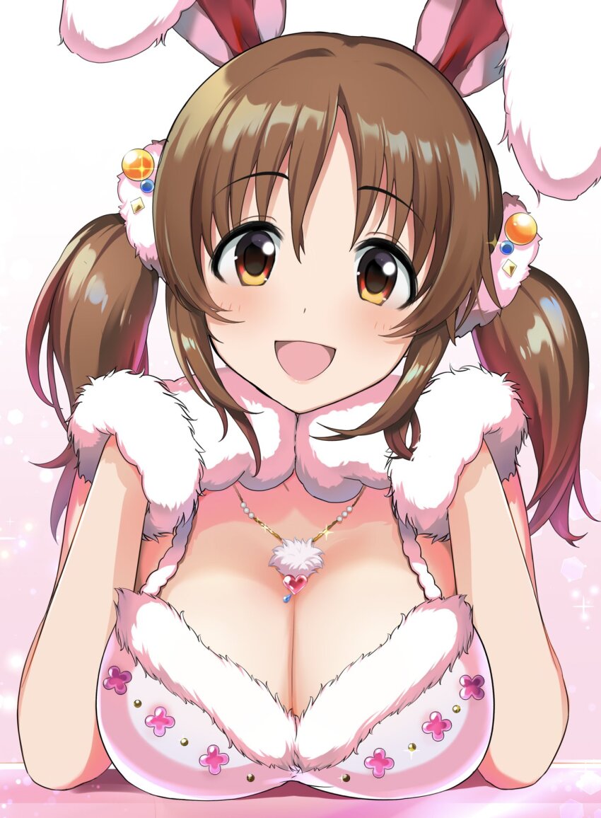 1girl :d animal_ears bare_shoulders blush breasts brown_eyes brown_hair cleavage crop_top dot_nose dress fake_animal_ears gloves gradient_background hair_ornament hair_scrunchie head_rest heart heart_necklace highres idolmaster idolmaster_cinderella_girls idolmaster_cinderella_girls_starlight_stage jewelry large_breasts long_hair looking_at_viewer mittens natsuya_(natuya777) necklace open_mouth pink_background rabbit_ears scrunchie simple_background smile solo totoki_airi twintails white_dress