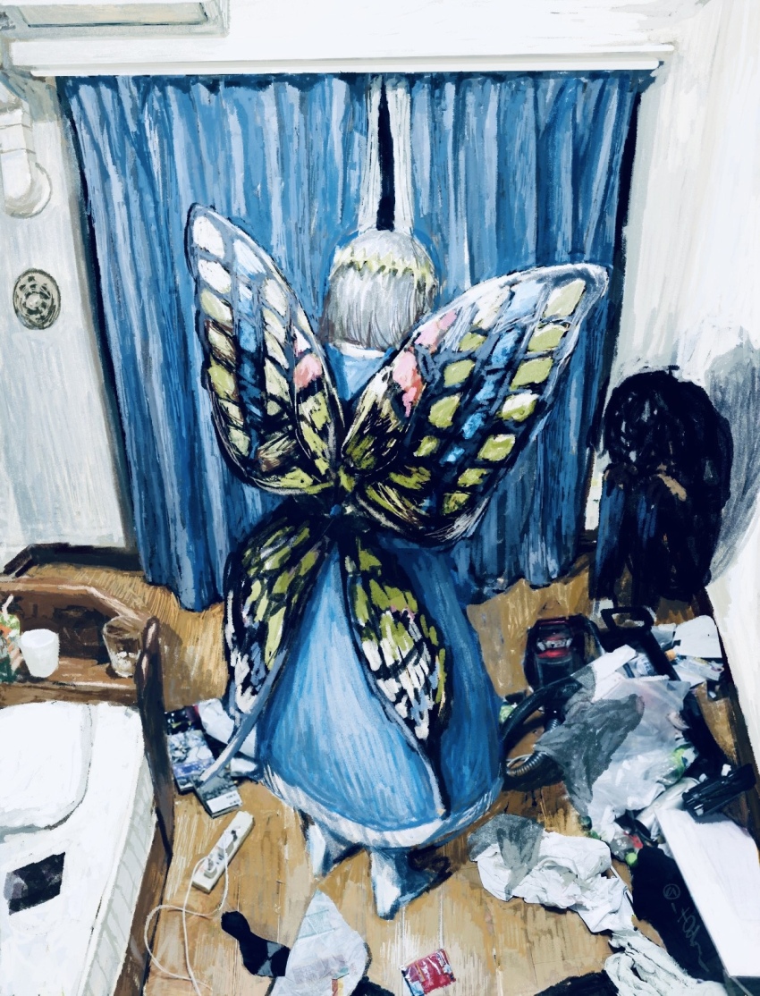 2boys black_hair butterfly_wings curtains fate/grand_order fate_(series) fujimaru_ritsuka_(male) grey_hair highres insect_wings looking_at_another medium_hair messy_room multiple_boys oberon_(fate) sitting t0da vacuum_cleaner wings