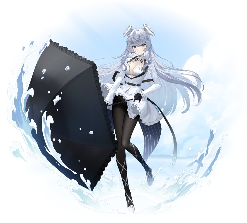 1girl :d absurdres back_ribbon black_gloves black_pantyhose black_ribbon black_umbrella blue_eyes breasts center_opening cleavage cloud collar commentary commission cosplay counter:side criss-cross_straps crossed_bangs frilled_skirt frilled_sleeves frilled_umbrella frills full_body gloves hair_between_eyes halterneck headgear highres holding holding_umbrella horizon_(counter:side) jacket lapels leg_up long_hair long_sleeves looking_at_viewer medium_breasts neck_ribbon open_mouth pantyhose ribbon shoes skirt smile solo soruha splashing standing standing_on_one_leg swan_claire swan_claire_(cosplay) umbrella water white_background white_collar white_hair white_jacket white_skirt