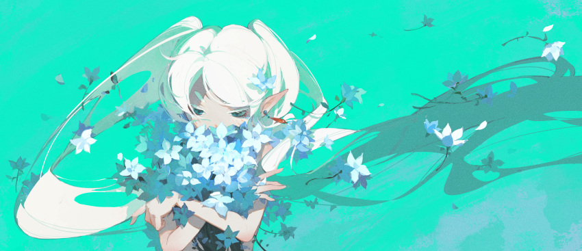 1girl absurdly_long_hair absurdres aqua_background bare_arms bare_shoulders black_shirt blue_flower bouquet closed_eyes commentary_request covered_mouth earrings elf floating_earring floating_hair flower frieren highres holding holding_bouquet jewelry long_hair petals pointy_ears shirt sleeveless sleeveless_shirt solo sousou_no_frieren swept_bangs twintails upper_body very_long_hair yolk_(user_sssk5878)