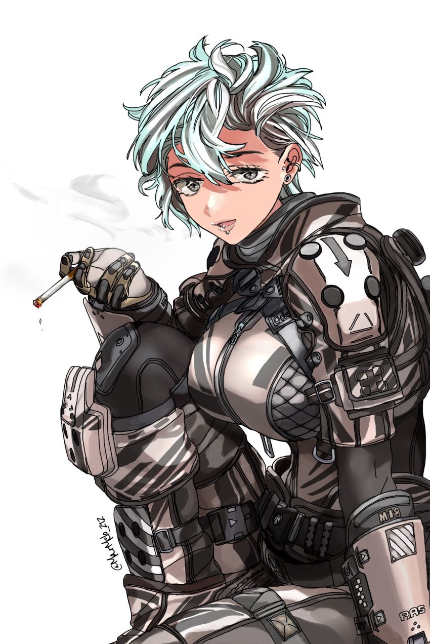 1girl animification armor artist_name blue_hair breasts cigarette earrings face_piercing grey_eyes highres holding holding_cigarette jewelry kotone_a lip_piercing looking_at_viewer medium_breasts multicolored_hair open_mouth piercing pilot_(titanfall_2) pulse_blade_pilot_(titanfall_2) science_fiction short_hair silver_hair smoking solo streaked_hair titanfall_(series) titanfall_2 white_background