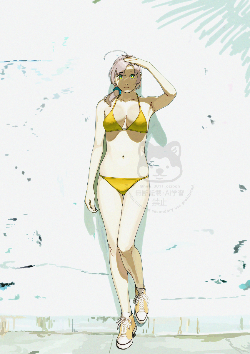 1girl absurdres against_wall antenna_hair bikini breasts closed_mouth full_body green_eyes grey_hair hair_ornament hair_scrunchie highres kantai_collection kinugasa_(kancolle) looking_at_viewer medium_breasts ojipon orange_shoes scrunchie shading_eyes shoes sneakers solo swimsuit watermark yellow_bikini