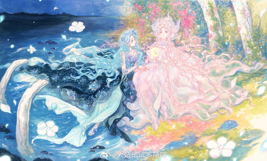 2girls absurdly_long_hair barefoot_sandals_(jewelry) beads black_dress blue_dress blue_eyes blue_flower blue_hair bow braid character_request chinese_commentary commentary_request crescent crown_braid dagu_shishi_bu_gugu dress flower footwear_bow full_body garden gibbous_moon gown grey_shoes hair_beads hair_flower hair_ornament high_heels highres jewelry layered_dress light_particles long_dress long_hair looking_at_another looking_at_viewer moon multiple_girls necklace night nikki_(series) object_floating_above_hand ocean outdoors petals pink_dress pink_eyes pink_hair ripples see-through_clothes see-through_dress shining_nikki shoes sitting toes very_long_hair watermark wavy_hair weibo_watermark white_flower
