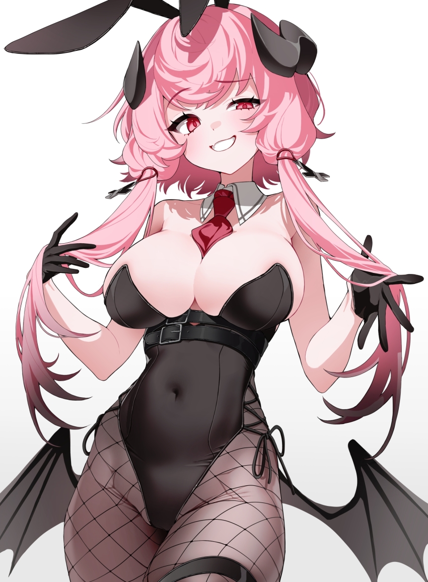 animal_ears bernina_(stella_sora) black_gloves black_leotard breasts cleavage collar covered_navel demon_girl demon_horns fake_animal_ears fang fishnets gloves highres horns large_breasts leotard long_hair looking_at_viewer low_wings pantyhose pantyhose_under_leotard pink_hair playboy_bunny rabbit_ears sirin_(sirin_8_8) smile standing stella_sora teeth white_background wings