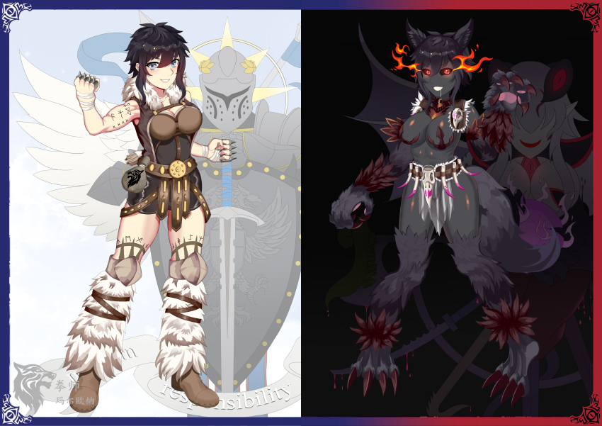 1girl abs absurdres animal_ear_fluff animal_ears animal_hands before_and_after black_hair blue_eyes brass_knuckles breasts claw_(weapon) claws colored_skin corruption dagger dark-skinned_female dark_skin diver_(artist) dog_ears dog_paws dog_tail fire flaming_eyes glowing glowing_eyes hellhound_(monster_girl_encyclopedia) highres katar knife looking_at_viewer monster_girl monster_girl_encyclopedia monster_girl_encyclopedia_ii monsterification muscular muscular_arms muscular_female pasties push_dagger red_eyes revealing_clothes saliva short_hair slit_pupils small_breasts tail transformation weapon wolf_ears wolf_paws wolf_tail