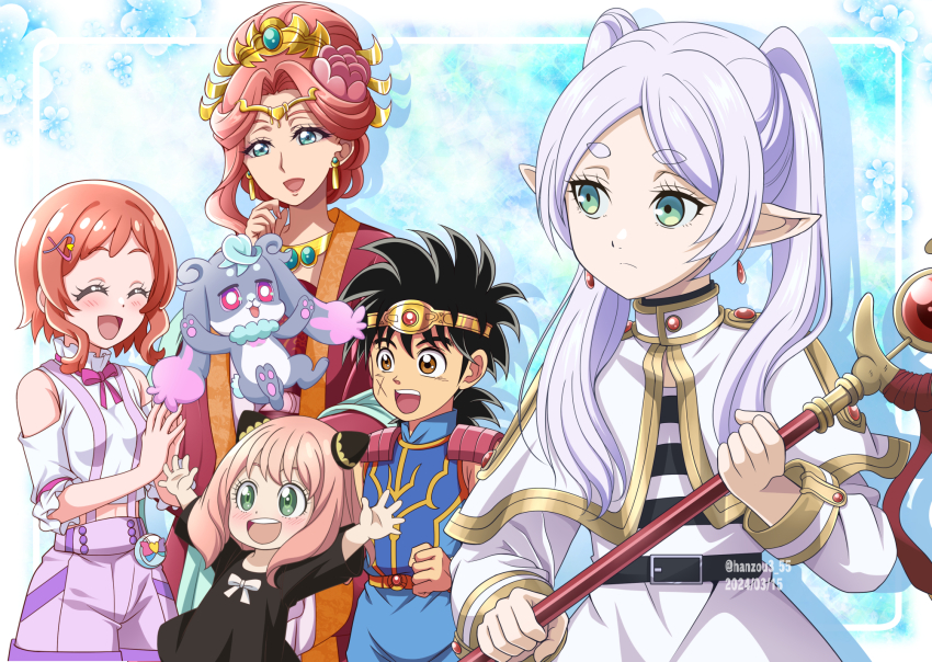 1boy anya_(spy_x_family) arms_up belt black_belt black_dress black_hair black_shirt blue_eyes brown_eyes capelet child chinese_clothes closed_eyes closed_mouth clothing_cutout collar commentary crown dai_(dragon_quest) dated dragon_quest dragon_quest_dai_no_daibouken dress earrings elf flower frieren frilled_collar frilled_sleeves frills frown green_eyes grey_hair gyokuyou_(kusuriya_no_hitorigoto) hair_flower hair_ornament hairclip hairpods hanzou highres holding holding_staff inukai_iroha jewelry kusuriya_no_hitorigoto long_hair long_sleeves looking_at_another looking_back medium_hair midriff navel neck_ribbon open_mouth own_hands_together pink_hair pink_ribbon pointy_ears pouch precure precure_all_stars precure_all_stars_f puca_(precure) purple_shorts red_hair ribbon scar scar_on_face shirt short_dress short_hair short_sleeves shorts shoulder_cutout skirt smile sousou_no_frieren spy_x_family staff standing striped_clothes striped_shirt suspender_shorts suspenders tanezaki_atsumi tiara twintails twitter_username voice_actor_connection white_capelet white_shirt white_skirt wonderful_precure!