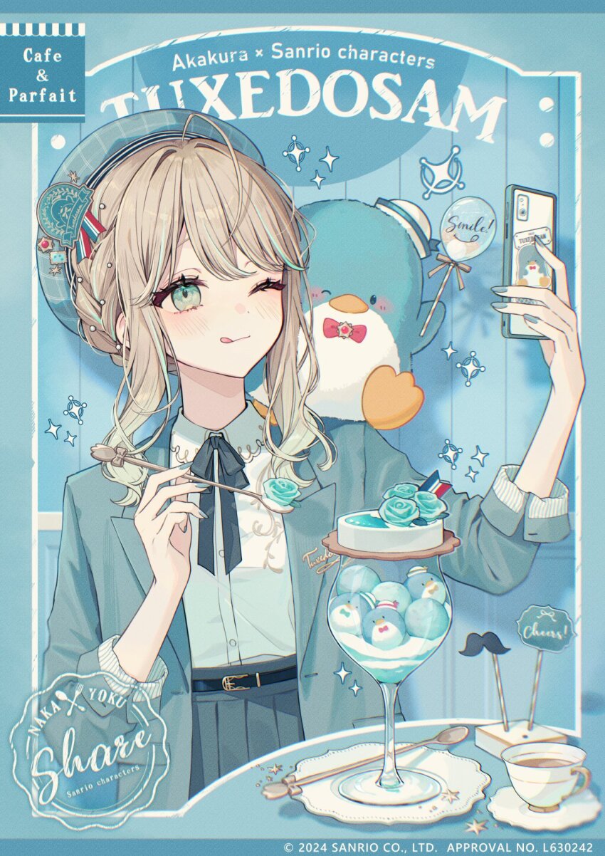 1girl 2024 akakura aqua_eyes aqua_hair artist_name averting_eyes belt blonde_hair braid cellphone character_name closed_mouth cup hands_up highres holding holding_phone holding_spoon ice_cream_cup jacket long_sleeves multicolored_hair one_eye_closed open_clothes open_jacket phone sanrio shirt sidelocks skirt smartphone smile solo spoon streaked_hair tongue tongue_out tuxedo_sam white_shirt