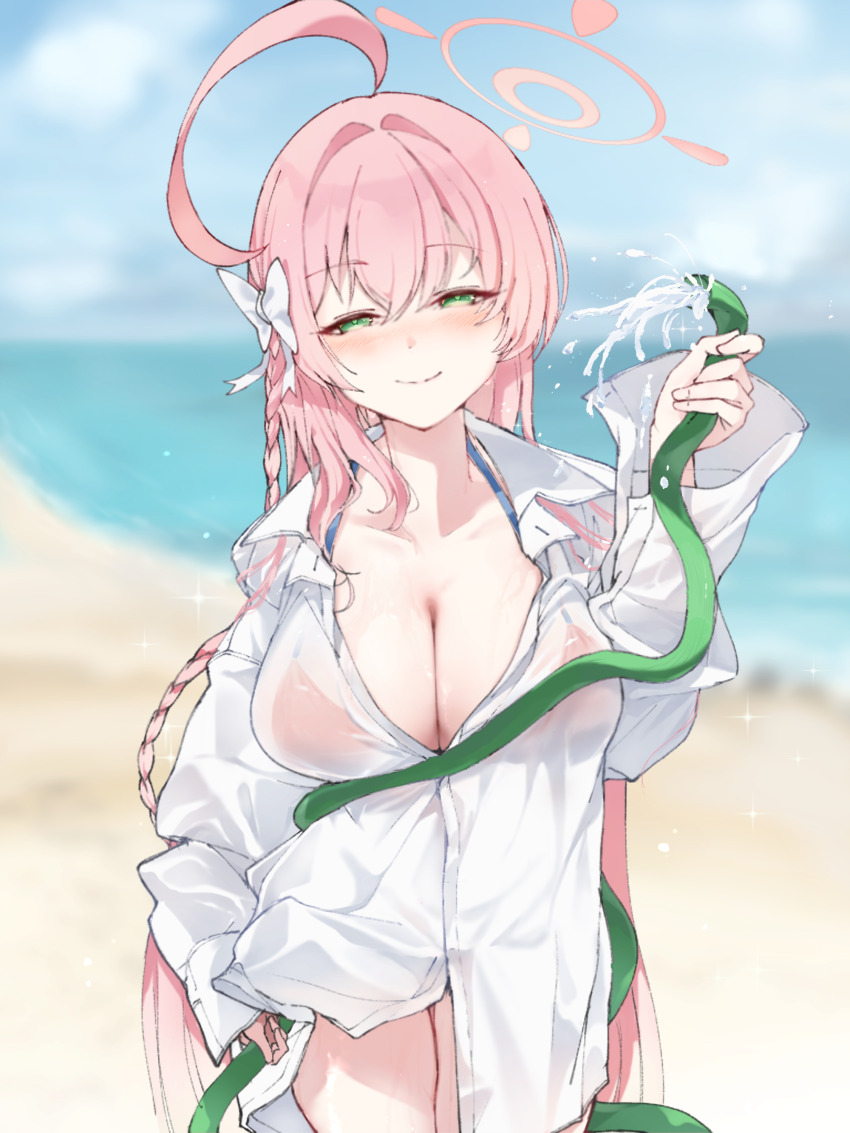 1girl absurdres ahoge beach bikini bikini_visible_through_clothes blue_archive blurry blurry_background blush bow braid breasts cleavage closed_mouth collared_shirt commentary_request cowboy_shot day green_eyes hair_between_eyes hair_bow hair_intakes half-closed_eyes halo hanako_(blue_archive) hanako_(swimsuit)_(blue_archive) hand_up highres holding holding_hose hose huge_ahoge large_breasts long_hair looking_at_viewer nose_blush ocean official_alternate_costume outdoors oversized_clothes oversized_shirt pink_hair pink_halo red_bikini ryo_(ryo_skrdi) see-through_clothes see-through_shirt shirt single_braid sleeves_past_wrists smile solo sparkle swimsuit very_long_hair water white_bow white_shirt
