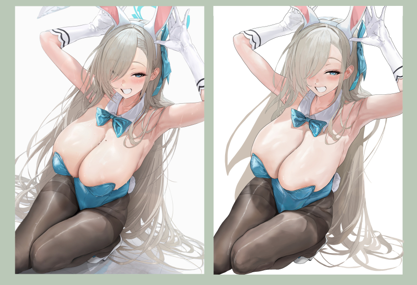 1girl :d animal_ears armpits arms_up art_study asuna_(blue_archive) asuna_(bunny)_(blue_archive) bare_shoulders black_pantyhose blue_archive blue_bow blue_bowtie blue_eyes blue_halo blue_leotard blush border bow bowtie breasts brown_hair cleavage commentary detached_collar dutch_angle english_commentary eyelashes fake_animal_ears fake_tail full_body gloves green_border grin hair_bow hair_over_one_eye hair_over_shoulder halo high_heels highleg highleg_leotard highres huge_breasts kneeling leotard long_hair looking_at_viewer mole mole_on_breast multiple_views official_alternate_costume one_eye_covered open_mouth pantyhose playboy_bunny rabbit_ears rabbit_pose rabbit_tail simple_background smile straight_hair strapless strapless_leotard sweat tail thighband_pantyhose thighs very_long_hair westgon white_background white_gloves