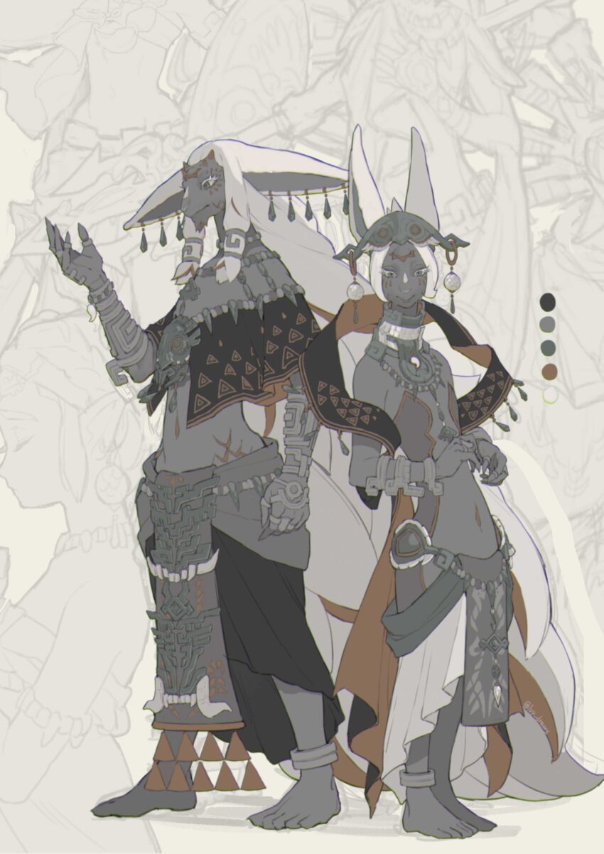 1boy 1girl animal_ears anklet bare_shoulders barefoot closed_mouth earrings furry furry_male hand_up highres ivy_(sena0119) jewelry long_hair long_pointy_ears looking_at_viewer mineru_(zelda) navel nintendo pointy_ears rauru_(tears_of_the_kingdom) standing stomach the_legend_of_zelda the_legend_of_zelda:_tears_of_the_kingdom zonai