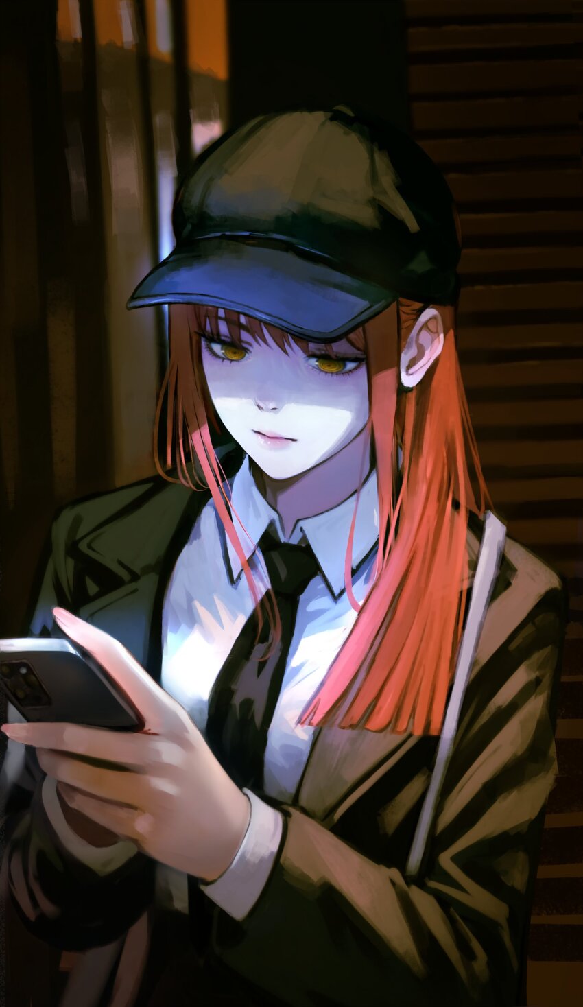 1girl absurdres baseball_cap black_hat black_necktie black_suit blunt_ends business_suit cellphone chainsaw_man closed_mouth collared_shirt formal_clothes hat highres holding holding_phone long_hair long_sleeves makima_(chainsaw_man) mymzi necktie orange_hair outdoors phone red_hair shirt smartphone solo suit upper_body white_shirt