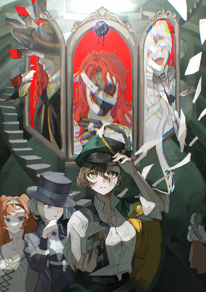 4girls absurdres adjusting_clothes adjusting_headwear aleph_(reverse:1999) ascot black_coat black_hat black_vest boater_hat broken_mirror brown_hair cape checkered_hairband closed_mouth coat collared_dress crack cracked_glass different_reflection dores_(reverse:1999) dress glass_shards green_cape green_eyes green_hat grey_eyes grey_hair hair_between_eyes hair_bun hairband hand_on_headwear hand_up hat hat_feather high_collar highres holding holding_notebook long_hair looking_at_viewer looking_to_the_side merlin_(reverse:1999) mirror multiple_girls newsboy_cap notebook open_clothes open_vest orange_hair raysse recoleta_(reverse:1999) reflection reverse:1999 shirt short_hair single_side_bun sonetto_(reverse:1999) stairs the_idealist_(reverse:1999) two_side_up urd_(reverse:1999) vertin_(reverse:1999) vest white_ascot white_dress white_shirt