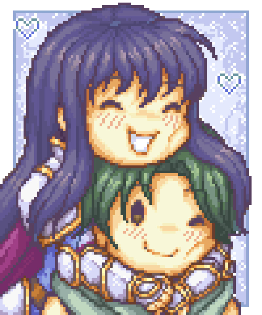 1boy 1girl ^_^ absurdres arms_around_neck astrid_(fire_emblem) black_hair blush cape chibi closed_eyes commission commissioner_upload evomanaphy fire_emblem fire_emblem:_radiant_dawn green_hair heart highres hug hug_from_behind long_hair nintendo non-web_source pixel_art purple_cape smile sothe_(fire_emblem) upper_body