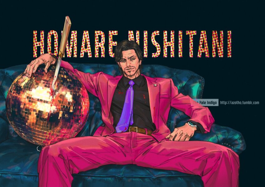 1boy beard belt black_hair black_shirt brown_belt character_name clock disco_ball facial_hair jacket male_focus necktie nishitani_homare on_chair pants pink_jacket pink_pants purple_necktie ryuu_ga_gotoku_(series) ryuu_ga_gotoku_0 shirt sitting sword thepaleindigo tuxedo weapon
