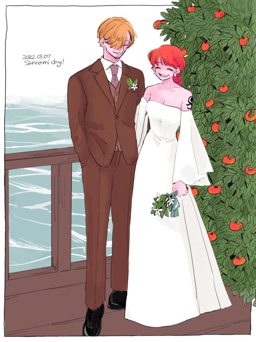 1boy 1girl ^_^ arm_tattoo black_shoes blonde_hair bouquet brown_suit closed_eyes commentary_request curly_eyebrows dated detached_sleeves earrings facial_hair flower food formal_clothes fruit full_body goatee hair_over_one_eye hand_in_pocket highres holding holding_bouquet jewelry mandarin_orange nami_(one_piece) necktie nicole7310 ocean one_piece orange_hair pearl_earrings sanji_(one_piece) shoes suit tattoo vest white_sleeves