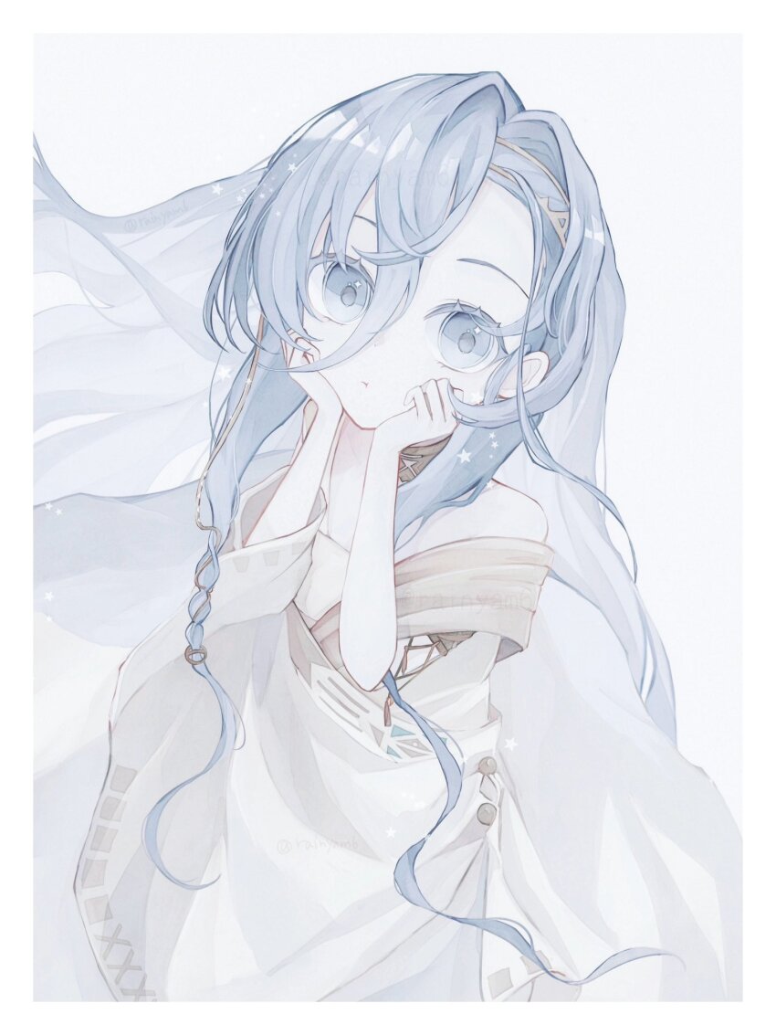 1girl 37_(reverse:1999) :t ancient_greek_clothes armlet bare_shoulders blue_eyes blue_hair border choker floating_hair greco-roman_clothes green_choker grey_background hair_between_eyes hands_on_own_cheeks hands_on_own_face highres jewelry long_hair looking_at_viewer rainyam6 reverse:1999 solo toga upper_body very_long_hair white_border