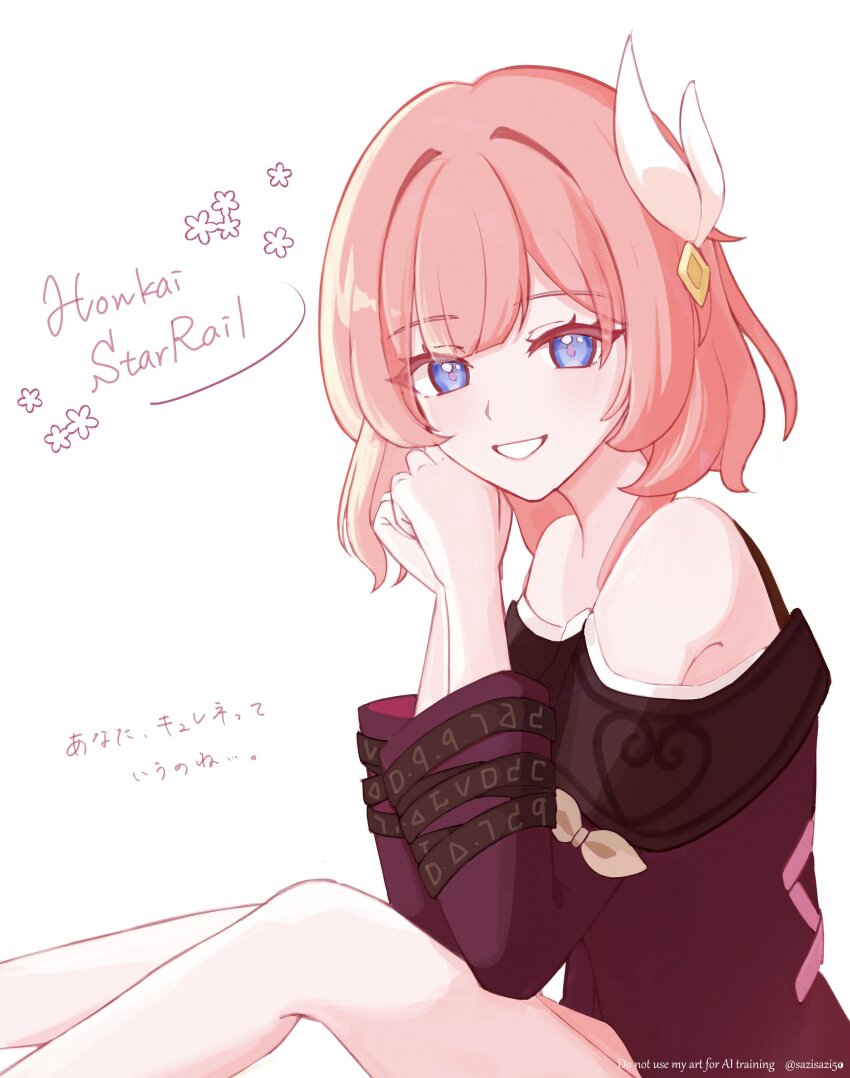 1girl absurdres blue_eyes coat commentary_request copyright_name cyrene_(honkai:_star_rail) from_side hair_ornament highres honkai:_star_rail honkai_(series) looking_at_viewer pink_hair purple_coat sazisazi50 short_hair simple_background sitting smile solo translation_request white_background