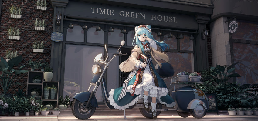 1girl absurdres animal_ears arknights bear_ears black-framed_eyewear black_dress bloomers blue_eyes blue_hair book braid brown_cardigan brown_footwear cardigan closed_mouth day dress eyebrows_hidden_by_hair flower frilled_hairband frills full_body hair_flower hair_ornament hairband highres holding holding_book istina_(arknights) istina_(bibliosmia)_(arknights) kneehighs long_hair long_sleeves looking_at_viewer monocle motor_vehicle neck_ribbon official_alternate_costume open_cardigan open_clothes outdoors pinafore_dress plant potted_plant red_ribbon ribbon scooter shirt side_braid sitting skirt sleeveless sleeveless_dress socks solo storefront striped_clothes striped_hairband timie_(styleofme) underwear white_flower white_shirt white_skirt white_socks wide_sleeves