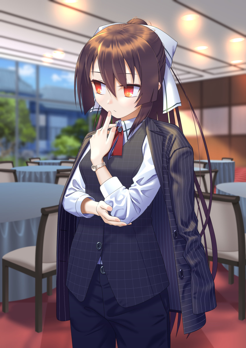 1girl absurdres black_jacket black_pants black_vest breasts brown_hair buttons chair closed_mouth collared_shirt hair_ribbon hand_up highres indoors jacket long_hair long_sleeves looking_to_the_side mix_tou okuribi open_clothes open_jacket pants ponytail rance_(series) red_eyes ribbon shirt solo standing table vest watch white_ribbon white_shirt wristwatch